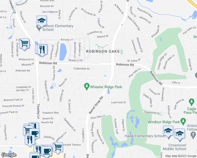map of restaurants, bars, coffee shops, grocery stores, and more near 3613 Andalusian Drive in Denton