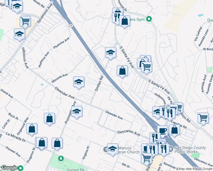 map of restaurants, bars, coffee shops, grocery stores, and more near 442 Smilax Road in San Marcos