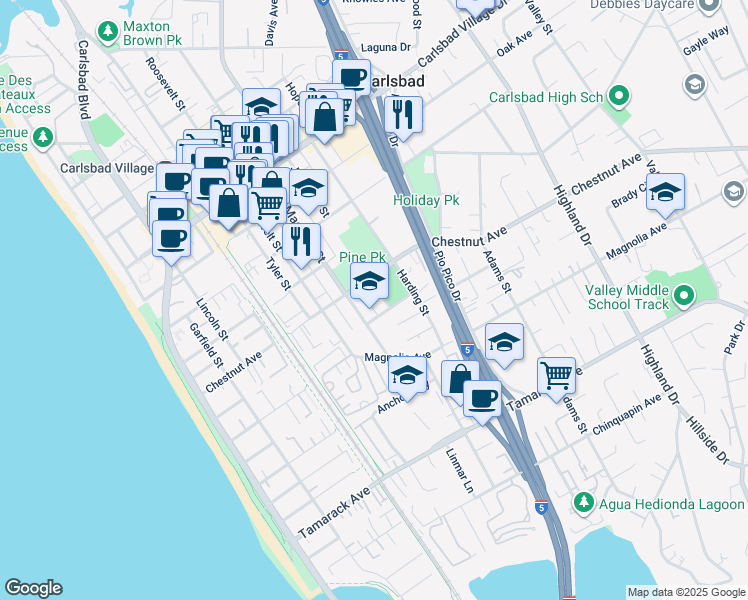 map of restaurants, bars, coffee shops, grocery stores, and more near 3468 Madison Street in Carlsbad