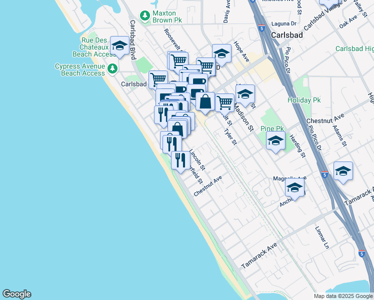 map of restaurants, bars, coffee shops, grocery stores, and more near 250 Pine Avenue in Carlsbad