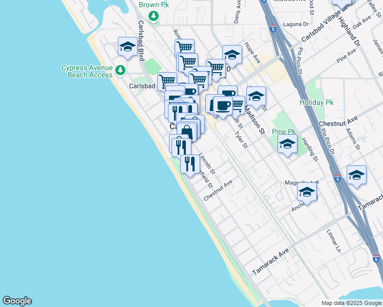 map of restaurants, bars, coffee shops, grocery stores, and more near 250 Pine Avenue in Carlsbad