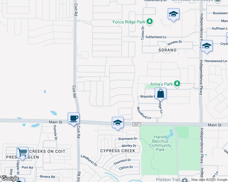 map of restaurants, bars, coffee shops, grocery stores, and more near 13370 Decidedly Drive in Frisco