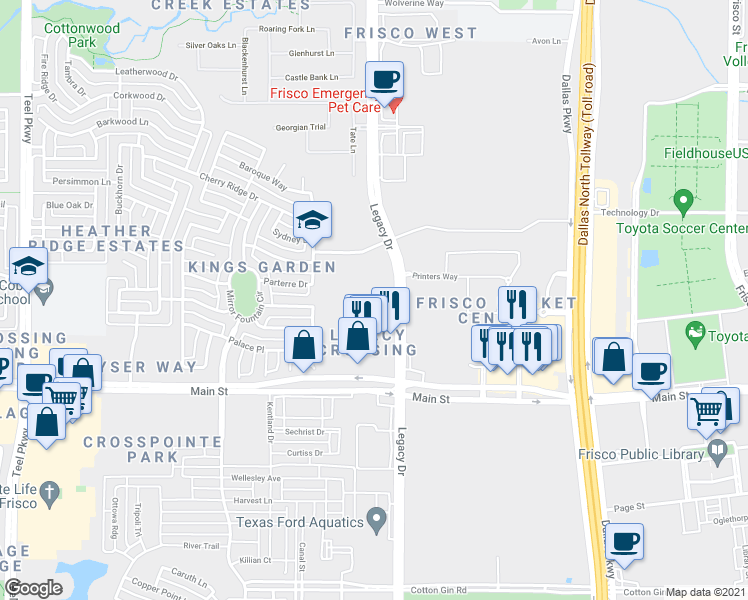 map of restaurants, bars, coffee shops, grocery stores, and more near 9375 Legacy Drive in Frisco
