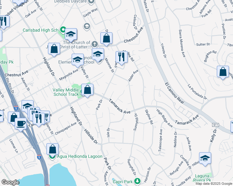 map of restaurants, bars, coffee shops, grocery stores, and more near 3970 Scott Drive in Carlsbad