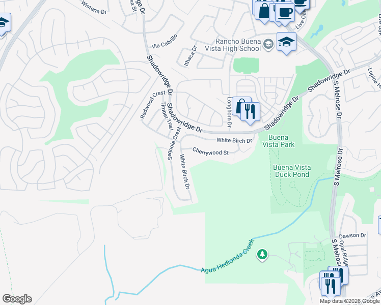 map of restaurants, bars, coffee shops, grocery stores, and more near 1971 Cherrywood Street in Vista