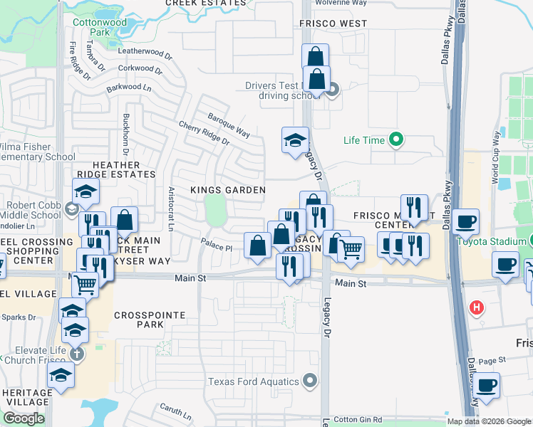map of restaurants, bars, coffee shops, grocery stores, and more near 4166 Nobleman Drive in Frisco