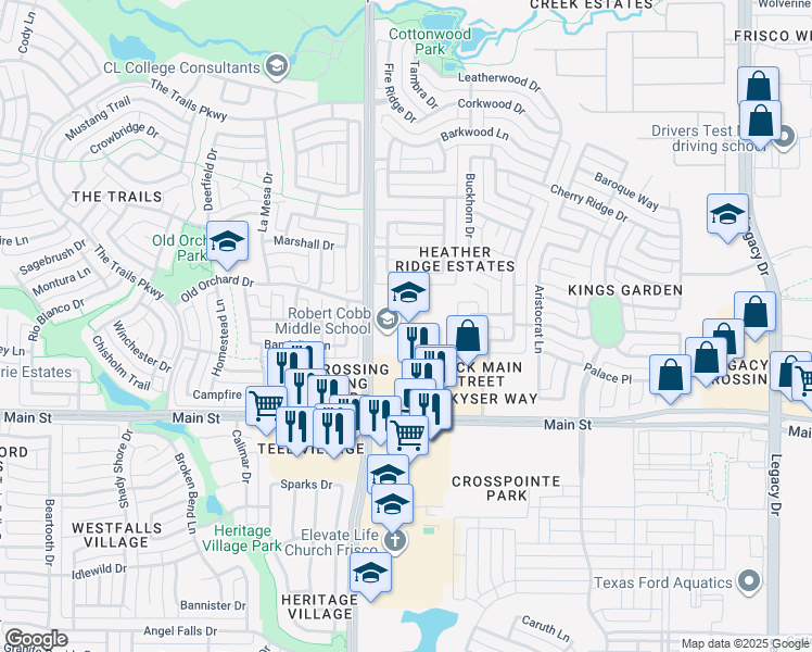 map of restaurants, bars, coffee shops, grocery stores, and more near 9400 Teel Parkway in Frisco