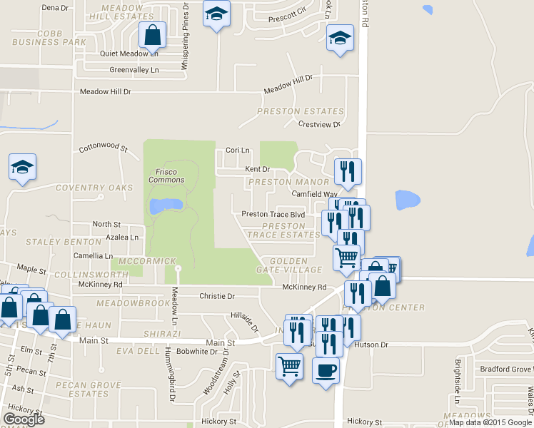 map of restaurants, bars, coffee shops, grocery stores, and more near Preston Trace Blvd & Windy Ridge Rd in Frisco