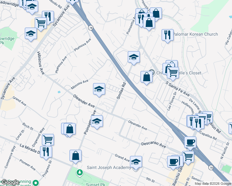 map of restaurants, bars, coffee shops, grocery stores, and more near 3135 Linwood Street in Vista