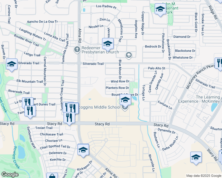 map of restaurants, bars, coffee shops, grocery stores, and more near 7117 Planters Row Drive in McKinney