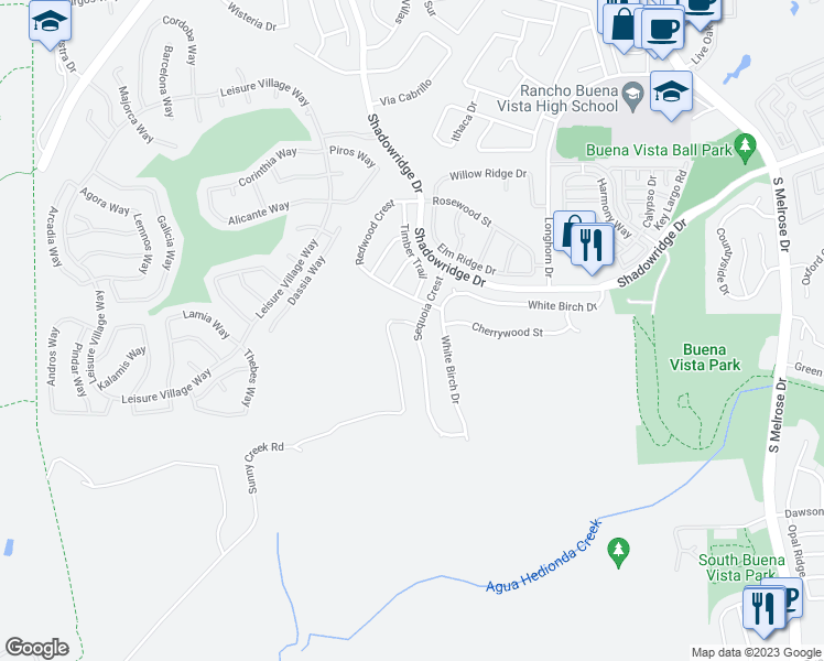 map of restaurants, bars, coffee shops, grocery stores, and more near 2009 Applewood Lane in Vista