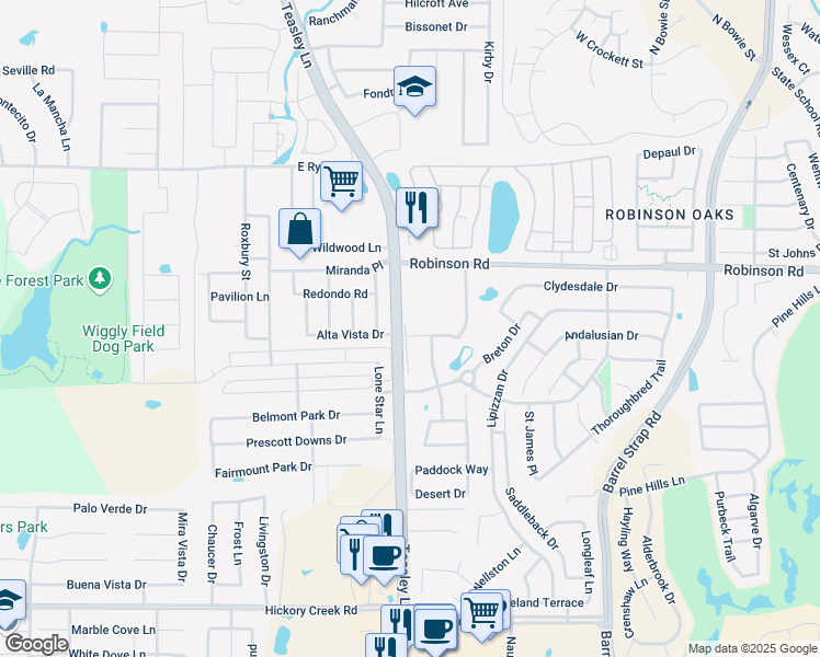 map of restaurants, bars, coffee shops, grocery stores, and more near 2424 Alta Vista Drive in Denton