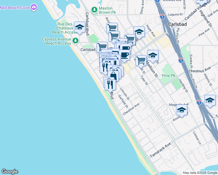 map of restaurants, bars, coffee shops, grocery stores, and more near 3145 Carlsbad Boulevard in Carlsbad