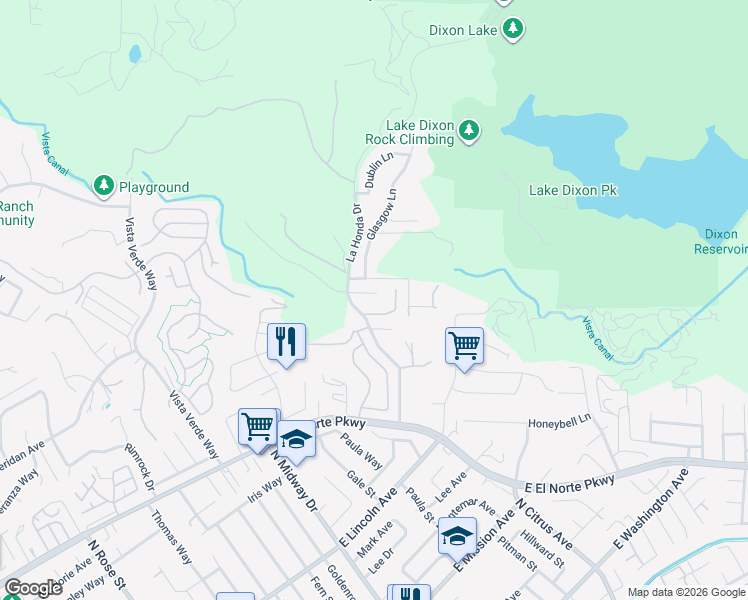 map of restaurants, bars, coffee shops, grocery stores, and more near 1424 La Honda Drive in Escondido