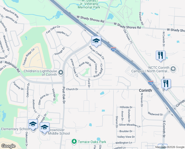 map of restaurants, bars, coffee shops, grocery stores, and more near 2239 Knob Hill Drive in Corinth