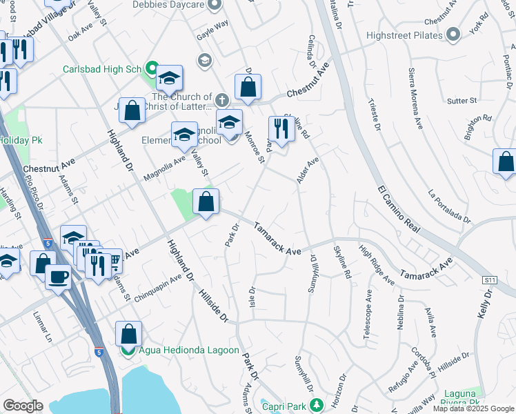 map of restaurants, bars, coffee shops, grocery stores, and more near 3990 Park Drive in Carlsbad