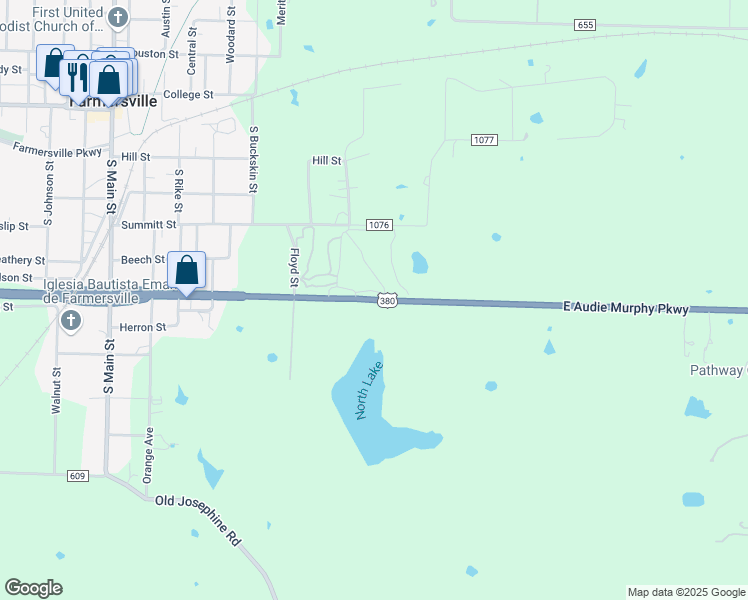 map of restaurants, bars, coffee shops, grocery stores, and more near 631 East Audie Murphy Parkway in Farmersville