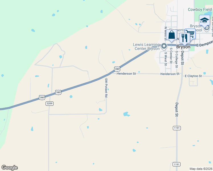 map of restaurants, bars, coffee shops, grocery stores, and more near Southwest Poteet Road in Bryson