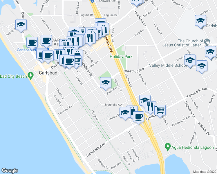 map of restaurants, bars, coffee shops, grocery stores, and more near 3447 Jefferson Street in Carlsbad