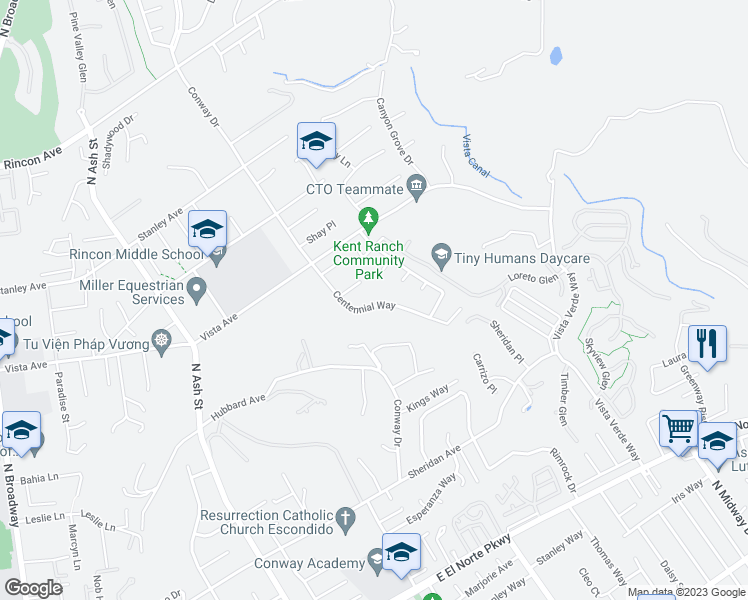map of restaurants, bars, coffee shops, grocery stores, and more near 1892 Centennial Way in Escondido