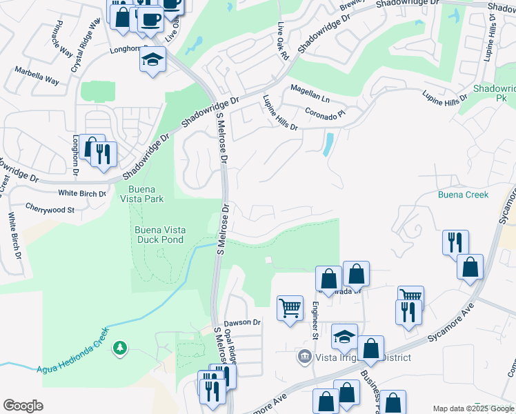 map of restaurants, bars, coffee shops, grocery stores, and more near 2000 South Melrose Drive in Vista