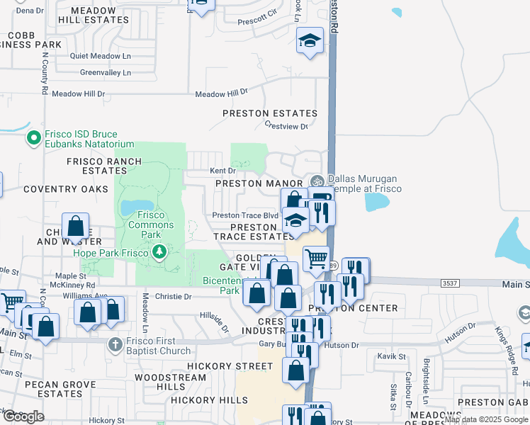 map of restaurants, bars, coffee shops, grocery stores, and more near 8660 Preston Trace Boulevard in Frisco