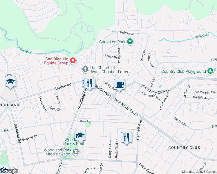 map of restaurants, bars, coffee shops, grocery stores, and more near 1921 Ruby Road in Escondido