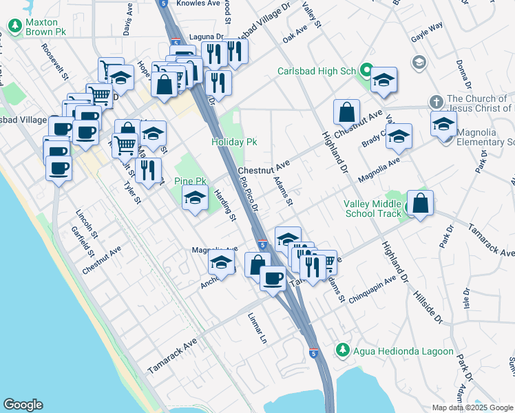 map of restaurants, bars, coffee shops, grocery stores, and more near 3666 Pio Pico Drive in Carlsbad