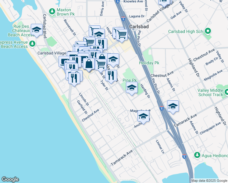map of restaurants, bars, coffee shops, grocery stores, and more near 3356 Tyler Street in Carlsbad