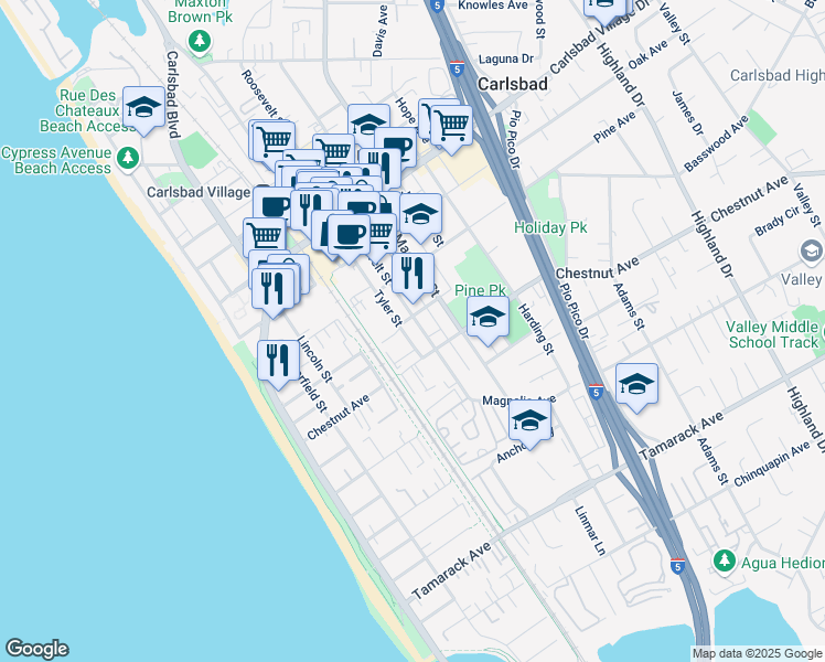 map of restaurants, bars, coffee shops, grocery stores, and more near 3356 Tyler Street in Carlsbad