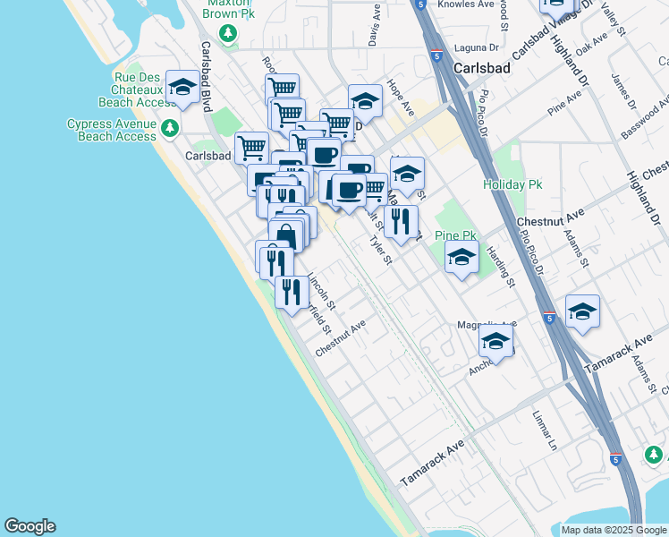 map of restaurants, bars, coffee shops, grocery stores, and more near 387 Pine Avenue in Carlsbad