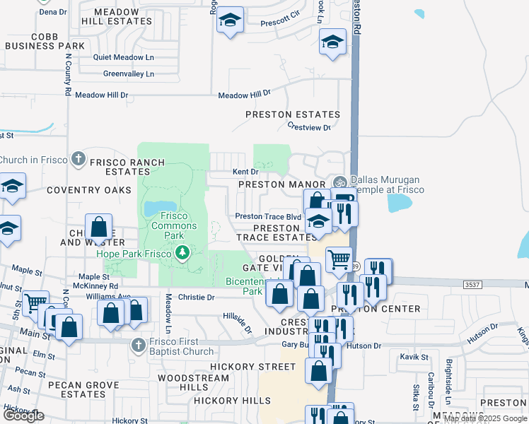 map of restaurants, bars, coffee shops, grocery stores, and more near 8547 Preston Trace Boulevard in Frisco