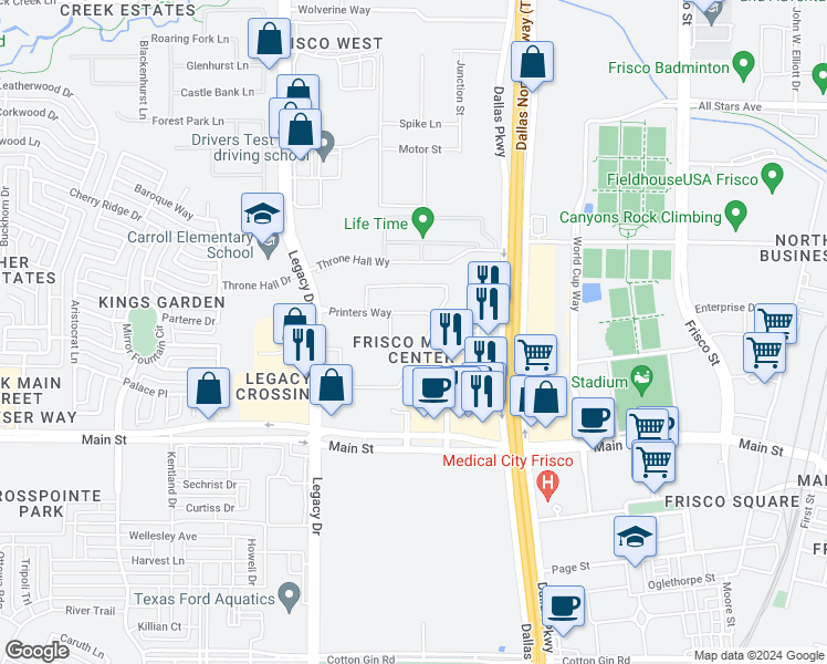 map of restaurants, bars, coffee shops, grocery stores, and more near in Frisco