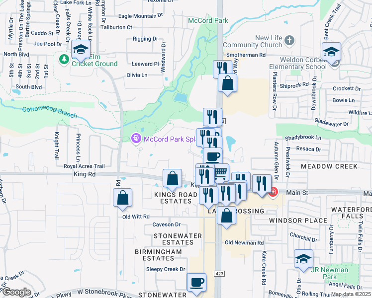 map of restaurants, bars, coffee shops, grocery stores, and more near 1690 Farm to Market Road 423 in Frisco
