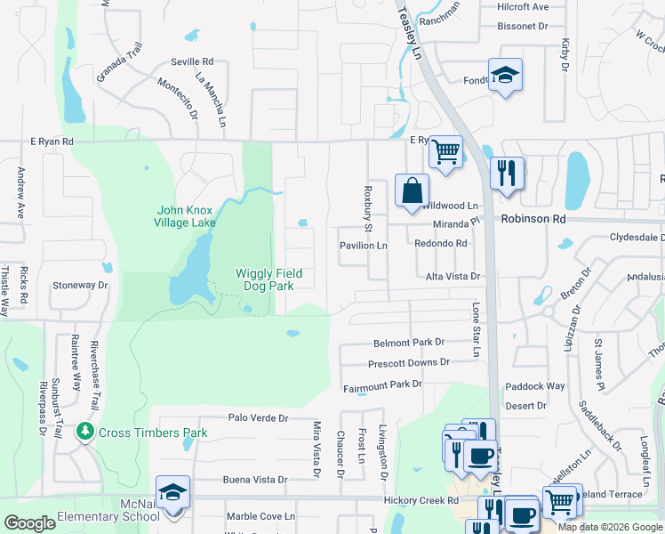 map of restaurants, bars, coffee shops, grocery stores, and more near 4216 Fanita Place in Denton