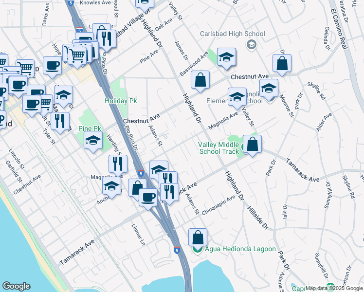 map of restaurants, bars, coffee shops, grocery stores, and more near Grecourt Way in Carlsbad