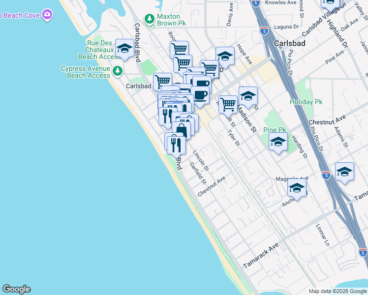 map of restaurants, bars, coffee shops, grocery stores, and more near in Carlsbad