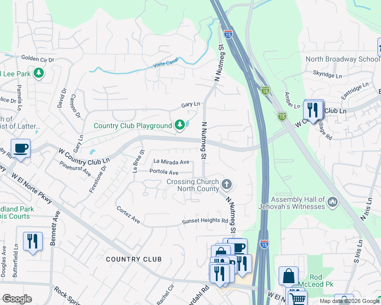 map of restaurants, bars, coffee shops, grocery stores, and more near 1140 La Mirada Avenue in Escondido