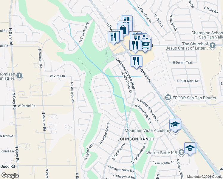 map of restaurants, bars, coffee shops, grocery stores, and more near 119 East Zinnia Place in San Tan Valley