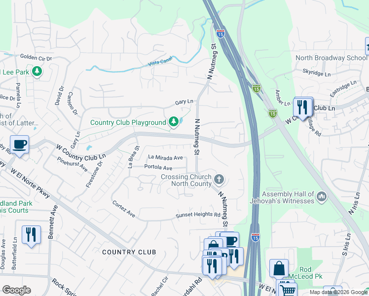 map of restaurants, bars, coffee shops, grocery stores, and more near 1140 La Mirada Avenue in Escondido