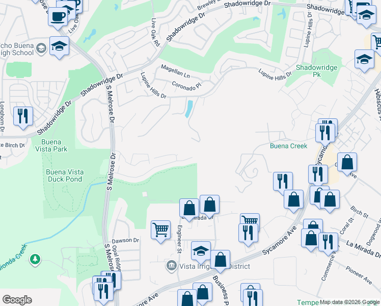 map of restaurants, bars, coffee shops, grocery stores, and more near 1434 Green Oak Road in Vista
