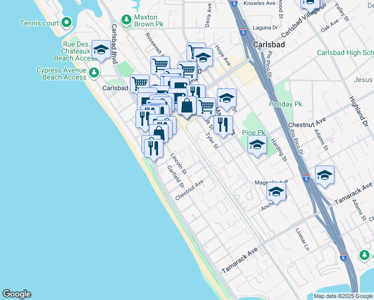 map of restaurants, bars, coffee shops, grocery stores, and more near 387 Pine Avenue in Carlsbad