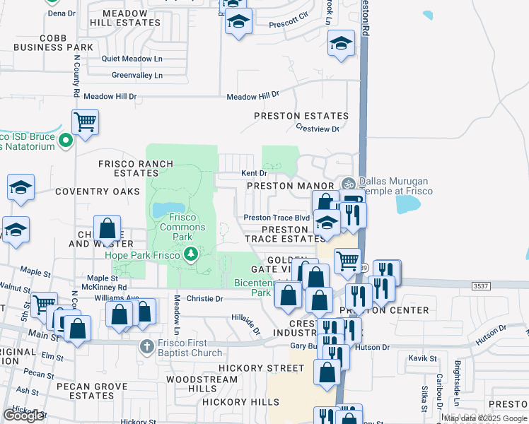 map of restaurants, bars, coffee shops, grocery stores, and more near 8547 Preston Trace Boulevard in Frisco