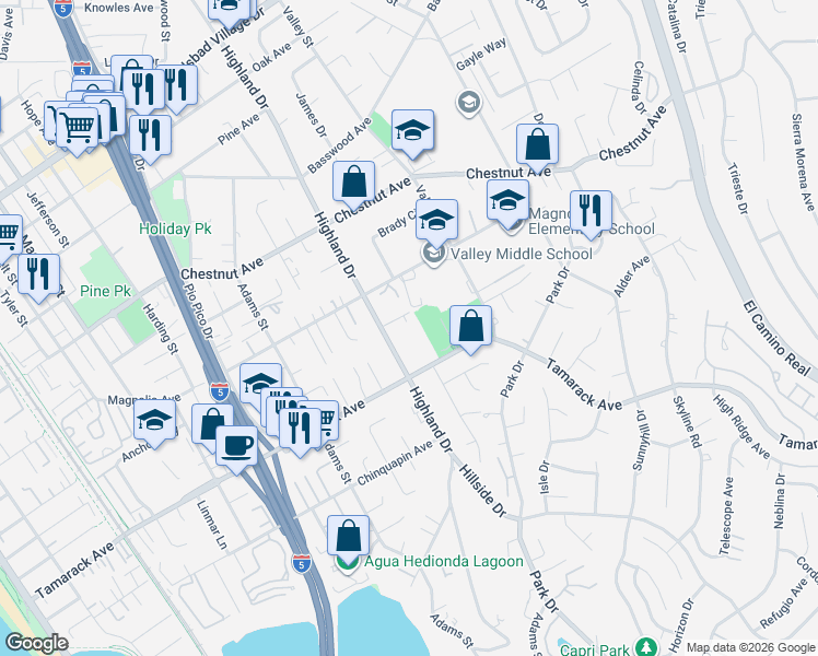 map of restaurants, bars, coffee shops, grocery stores, and more near 3600-2 Highland Drive in Carlsbad