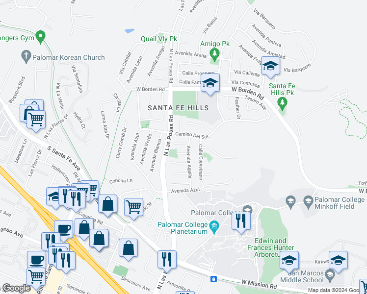 map of restaurants, bars, coffee shops, grocery stores, and more near 1219 Corte Famosa in San Marcos