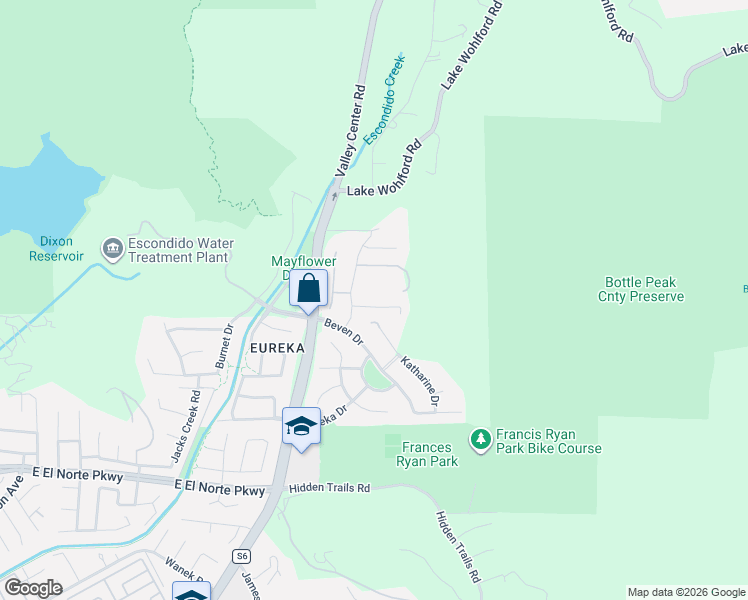 map of restaurants, bars, coffee shops, grocery stores, and more near 3425 East Valley Parkway in Escondido