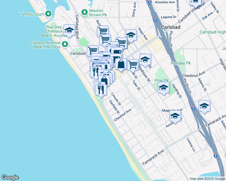 map of restaurants, bars, coffee shops, grocery stores, and more near 3160 Lincoln Street in Carlsbad