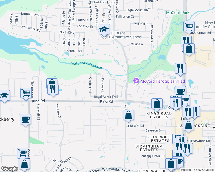 map of restaurants, bars, coffee shops, grocery stores, and more near 1620 Princess Lane in Frisco