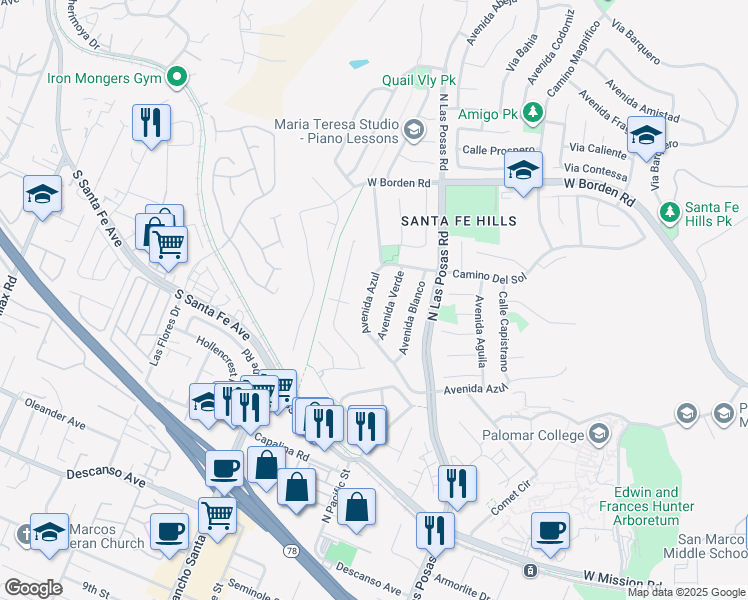 map of restaurants, bars, coffee shops, grocery stores, and more near 1373 Avenida Azul in San Marcos