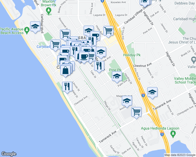 map of restaurants, bars, coffee shops, grocery stores, and more near 511 Walnut Avenue in Carlsbad